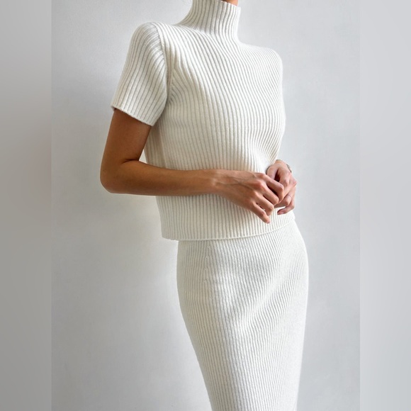 Commense Solid High Neck Split Ribbed Knit Two Pieces Skirt Set - Picture 9 of 16